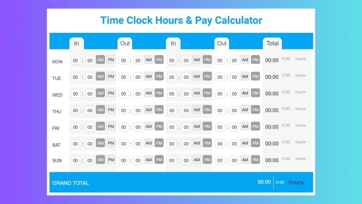 Weekly-Time-Clock-Hours-and-Pay-Calculator